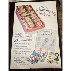 Zee Napkins Vintage Print Ad 1950s Crown Zellerbach Stuffed Snack Rolls Recipe